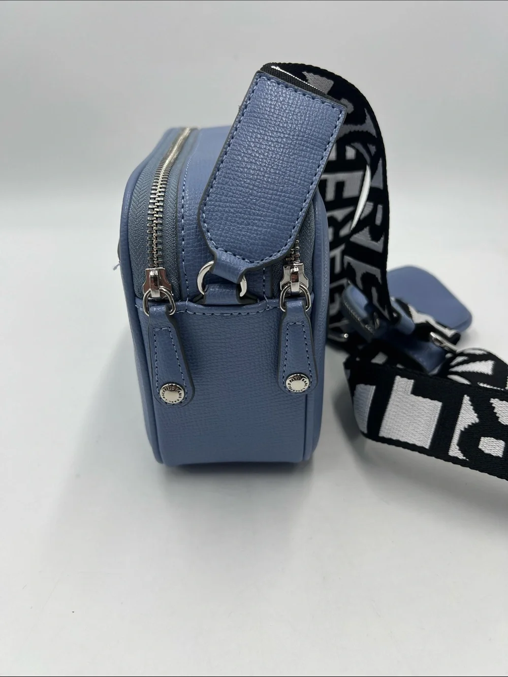 Karl Lagerfeld Perforated Logo Blue Leather Camera Bag with Branded Strap